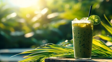 Aufkleber - Iced matcha green tea latte frappe Outdoor summer tropical background Copy space : Generative AI