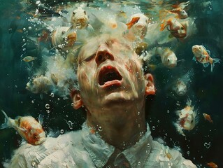 Poster - Surreal Underwater Painting: A Man Drowning in a Sea of Fish