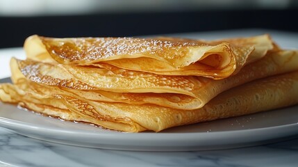 Poster - Crepes thin pancakes with honey on a white plate Marble background Close up : Generative AI