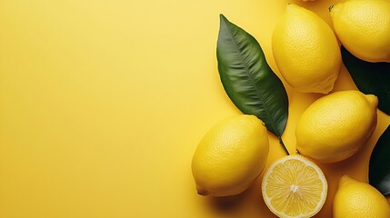 Poster - Fresh lemons on yellow background Copy space Top view : Generative AI