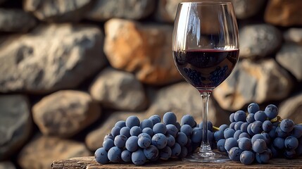 Poster - Glass of red wine and grape Stone wall background Wooden table Close up : Generative AI