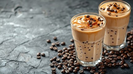 Aufkleber - Ice coffee in a tall glass with cream poured over and coffee beans on a grey stone background : Generative AI
