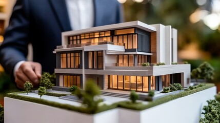 Modern House Architectural Model Display with Green Landscaping