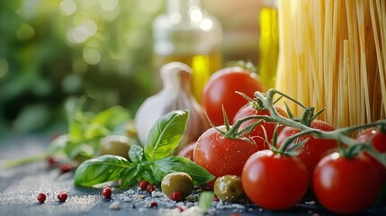 Italian food background with vine tomatoes basil spaghetti olives parmesan olive oil garlic peppercorns rosemary parsley and thyme : Generative AI