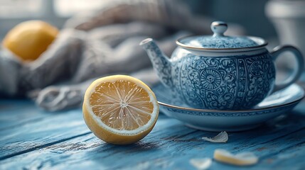 Aufkleber - Tea cup and pot with lemon Grey background Close up : Generative AI
