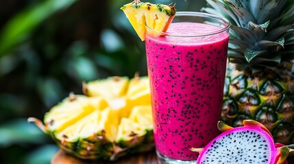 Poster - Glass of pineapple and dragon fruit smoothie juice and fresh fruit on a outdoor tropical background : Generative AI