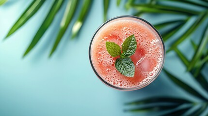 Poster - Watermelon smoothie fresh juice on blue background with palm leaf Top view : Generative AI