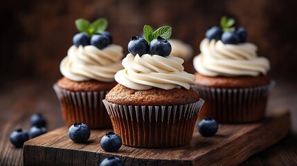 Poster - Carrot cupcakes decorated with cream cheese frosting and fresh blueberries on a wooden background : Generative AI