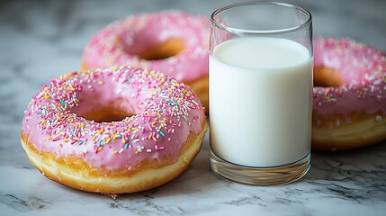 Poster - Donuts with glass of milk on marble table Grey background Close up : Generative AI