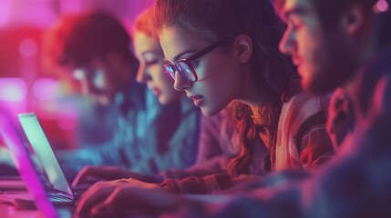 Poster - Students navigating through an e-learning course with multimedia content.