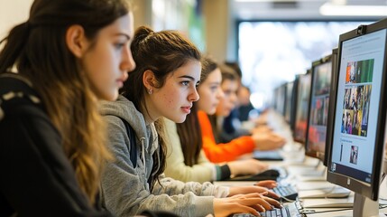 Poster - Students navigating through an e-learning course with multimedia content.