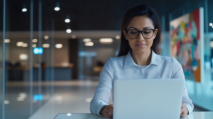 Poster - A focused woman using a laptop in a modern office, showcasing productivity and professional ambiance.