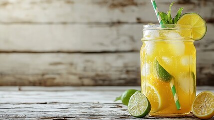 Aufkleber - Lemonade with ice lemon and lime slices in a jar with straw in a white summer wooden background : Generative AI