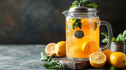 Poster - Ice tea lemonade in glass and beverage dispenser with fresh lemons Grey background Copy space : Generative AI