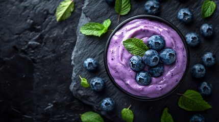 Poster - Berry acai smoothie with fresh blueberries on a black stone background Top view Copy space : Generative AI