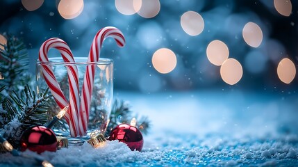 Poster - Candy canes in a glass Christmas tree decoration with snow on blue background Copy space : Generative AI