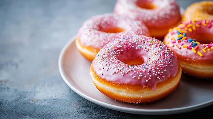 Poster - Donuts assortment with colorful glaze on white plate Marble background Top view : Generative AI
