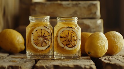 Aufkleber - Lemonade in glasses and bottles made of grilled lemons on a wooden background : Generative AI