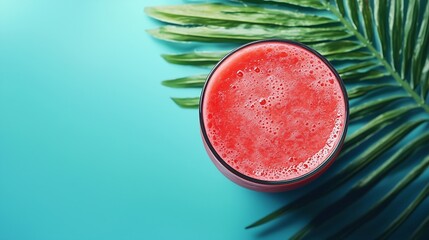 Poster - Watermelon smoothie fresh juice on blue background with palm leaf Top view : Generative AI
