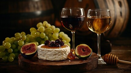 Poster - Grape cheese figs and honey with a glasses of red and white wine Copy space : Generative AI