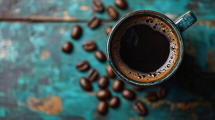 Poster - Black coffee with freshly roasted coffee beans on a wooden background Vietnamese style copy space : Generative AI