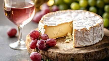 Poster - Brie camembert cheese with fresh grape on a wooden board with wine glass on a white background : Generative AI