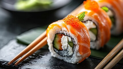 Poster - Sushi roll bamboo mat with chopsticks Grey background Top view Copy space : Generative AI