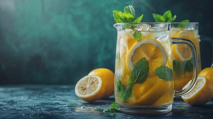 Poster - Lemonade lemon mint cocktail in glasses and jug Grey background Close up : Generative AI