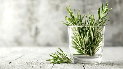 Poster - Fresh rosemary bound and rosemary sprigs in a glass on a white wooden background : Generative AI
