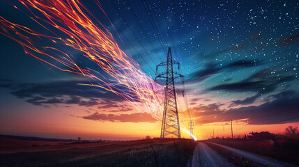 Wall Mural - Powerline towers at sunset with dynamic digital light trails, technology concept