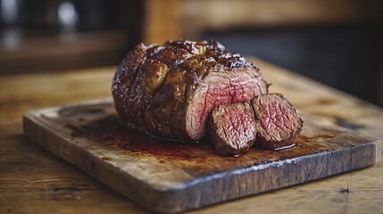 Poster - Roast beef on cutting board Wooden background Close up : Generative AI