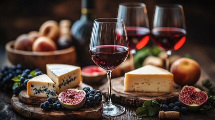 Poster - Cheese assortment with red wine in glasses Stone and wood background : Generative AI