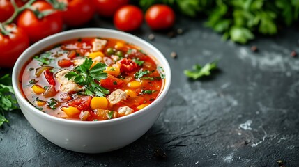 Aufkleber - Chicken soup with vegetables in white bowl Grey stone background Close up : Generative AI
