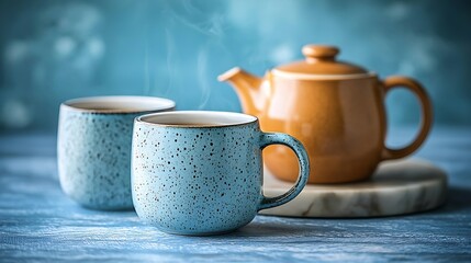 Poster - Tea in mugs with teapot on marble background Close up : Generative AI