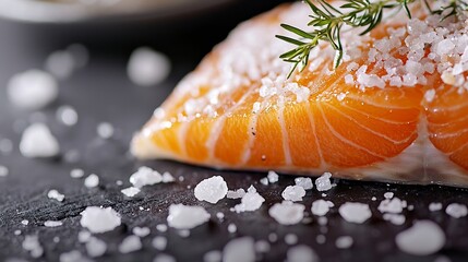 Poster - Salmon fish fillet with sea salt on slate dark background Close up : Generative AI