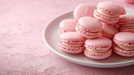 Poster - Macaroons dessert on a white plate Pink pastel background Top view : Generative AI