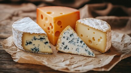 Poster - Cheese assortment blue cheese hard cheese soft cheese on a parchment paper Wooden background Copy space : Generative AI