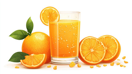 The glass is filled with orange juice with a white background