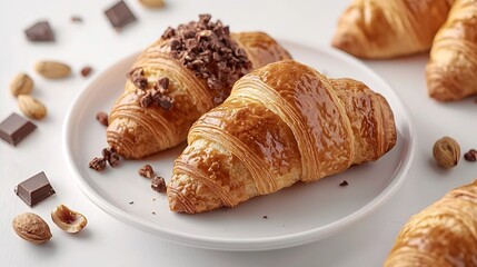 Aufkleber - Fresh croissants with cream cheese and chocolate and nut cream on plate on a white background : Generative AI