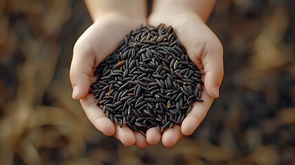 Poster - Black wild rice in kids hands Wooden background Close up : Generative AI