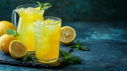 Leinwandbilder - Lemonade lemon mint cocktail in glasses and jug Grey background : Generative AI