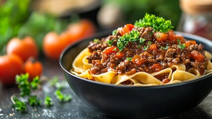 Poster - Pasta pappardelle with beef ragout sauce in black bowl Close up : Generative AI