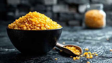 Aufkleber - Yellow lentil in black bowl and scoop on slate background Copy space : Generative AI