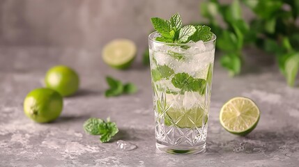 Leinwandbilder - Mojito cocktail with fresh mint and limes in highball glass on a grey stone background Close up : Generative AI