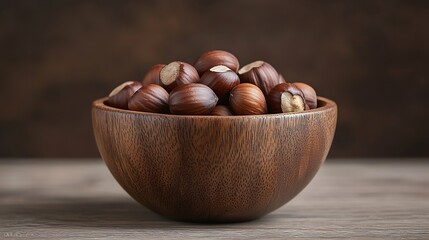 Poster - Hazelnuts in a wooden bowl on a wooden background : Generative AI