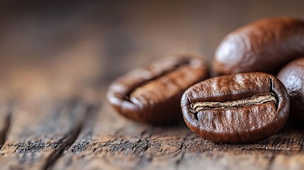 Poster - Freshly roasted coffee beans on a wooden background Copy space : Generative AI