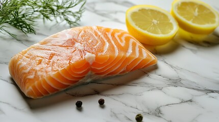 Poster - Salmon fish steak Marble background Copy space Top view : Generative AI
