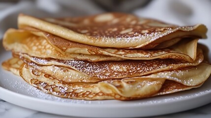 Poster - Crepes thin pancakes blini on a white plate Marble background Close up : Generative AI