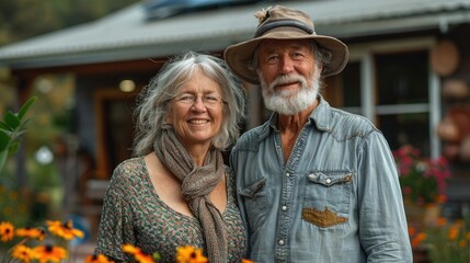 happy senior couple standing near new modern home with white walls and solar panels on the roof