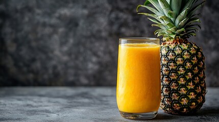 Poster - Pineapple with tropical fruit juice smoothie on grey stone background Close up : Generative AI